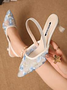 Fall/Winter 2025 New Chinese Style White High Heel Mules, Women Pointed Toe Lace Embroidery Slip-On Sandals,Elegant,Women Pumps,Elegent,Party Outfits