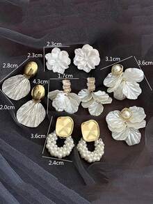 5pcs/Set Minimalist Elegant Petals Design Faux Pearl Drop Tassels French Style Earrings Suit, Versatile For Women Everyday & Festival Wear - Set J - View 7