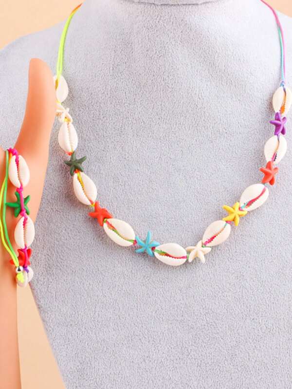 2pcs Women Seashell & Star Bracelet Necklace Combo Set, Handmade Braided Rope Bracelet, Casual Versatile Couple Bracelets