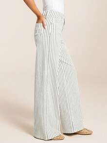 Women's Vintage Striped Straight Leg Woven Fabric Pants With Zipper And Pockets, Long Trousers, Non-Stretch - Multicolor - View 5