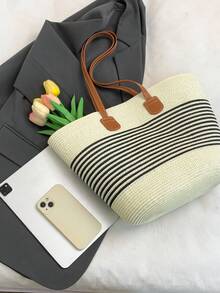 草编托特包大容量草编包女手提包2025新款时尚百搭通勤单肩包沙滩包旅行度假草编托特包条纹编织女包