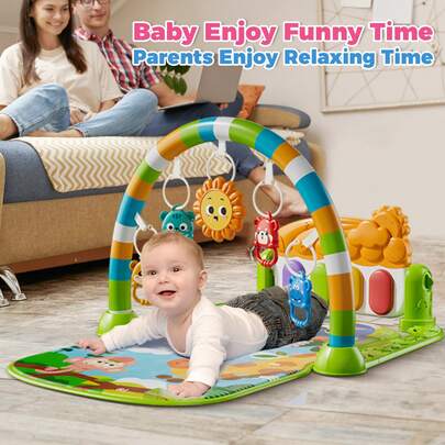 Baby Piano Mat With Mirror & Hanging Toys, 0+Infant Kick Piano Music Toy Mat With Soft Crawling Mat, Great For Child Emotion, Vision, Intelligence Development, Interaction Toy, Hearing, Parent-Child Bonding, Suitable For Christmas, Birthday, Halloween Gifts (Pink/Green)