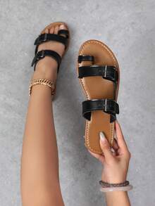 女士舒适优雅平底凉鞋，简约夏季派对休闲露趾凉鞋，户外沙滩室内休闲拖鞋女士凉鞋 - 棕黑色 - 查看 2