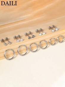 DAILI Set de 8 pares de pendientes dorados para mujer con múltiples perforaciones, de acero inoxidable y titanio, diseños con puntos, bolas, ópalo y circonita cúbica, calibre 20, conjunto de pendientes con aro y de botón con respaldo plano, aptos para pieles sensibles