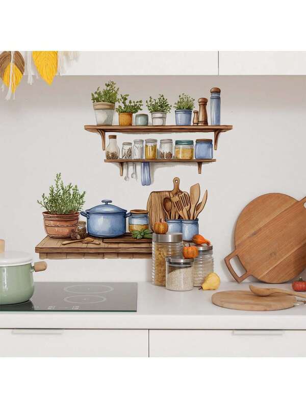 Kitchen Stickers/Decorative Stickers Painted Kitchen Kitchenware Rack Stickers Waterproof And Dustproof Stickers, 1 Piece Pvc Material Removable Wear-Resistant Stickers, Wall Stickers 23.6*15.7 Inches, Suitable For Kitchen Decoration, Wall Decoration, Restaurant Decoration, Interesting Birthday Gifts, Graduation Gifts, Make Your Home A New Look