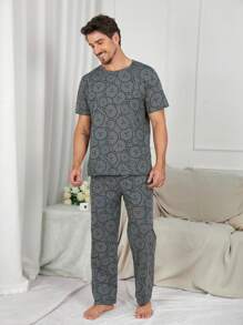 Men's Casual Cartoon Bear Print Short Sleeve Top And Long Pants Pajama Set, Summer Loungewear