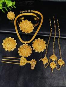 1 Set Fashionable Women's Floral Pendant Jewelry Set, 6pcs, Gold Color, Middle Eastern Dubai Bridal Wedding Accessories, Gift For Valentine's Day, Mother's Day, Holiday, Necklace, Earrings, Bracelet, Ring, Hair Clip, Alloy Jewelry - Yellow Gold - View 2