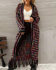 Striped Casual Fringe Large Size Elegant And Generous Long Fringe Coat Buttonless Cardigan