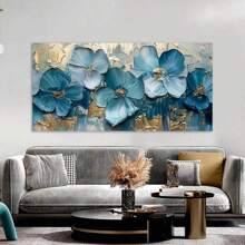 1 peça de pintura a óleo em tela com flores azuis, fundo abstrato com enfeites de flores azuis. Adequado para sala de estar, quarto, escritório, bar, decoração de parede de hotel, pôster floral moderno, decoração de casa, artes de parede em estilo moderno, pôsteres sem moldura.