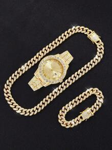 Set de 4 piezas: 1 reloj analógico de lujo de cuarzo cristalino, 2 pulseras con cuentas de estilo hip-hop, 1 collar con colgante de cruz - Accesorios de color dorado/plateado para hombres, negocios, deportes, uso diario, regalos