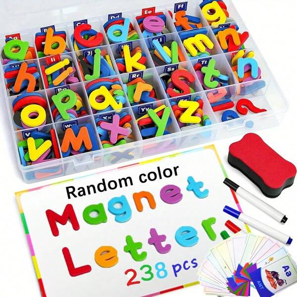 238 pièces Lettres majuscules et minuscules magnétiques ABC, panneau en mousse, aimants pour réfrigérateur. Jeu éducatif pour l'apprentissage de l'orthographe en classe des enfants, avec panneau magnétique et boîte de rangement (couleur aléatoire)