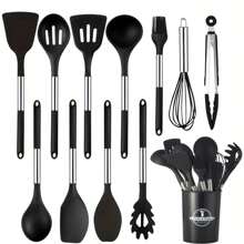 12/14 pièces Set d'ustensiles de cuisine en silicone, Set d'ustensiles de cuisine, Set d'outils de cuisine, Set de fournitures de cuisine, comprend un seau de rangement, une spatule de cuisson anti-adhésive, des pinces, des ustensiles de cuisine lavables modernes, des essentiels de cuisine, cadeau de Noël/Halloween