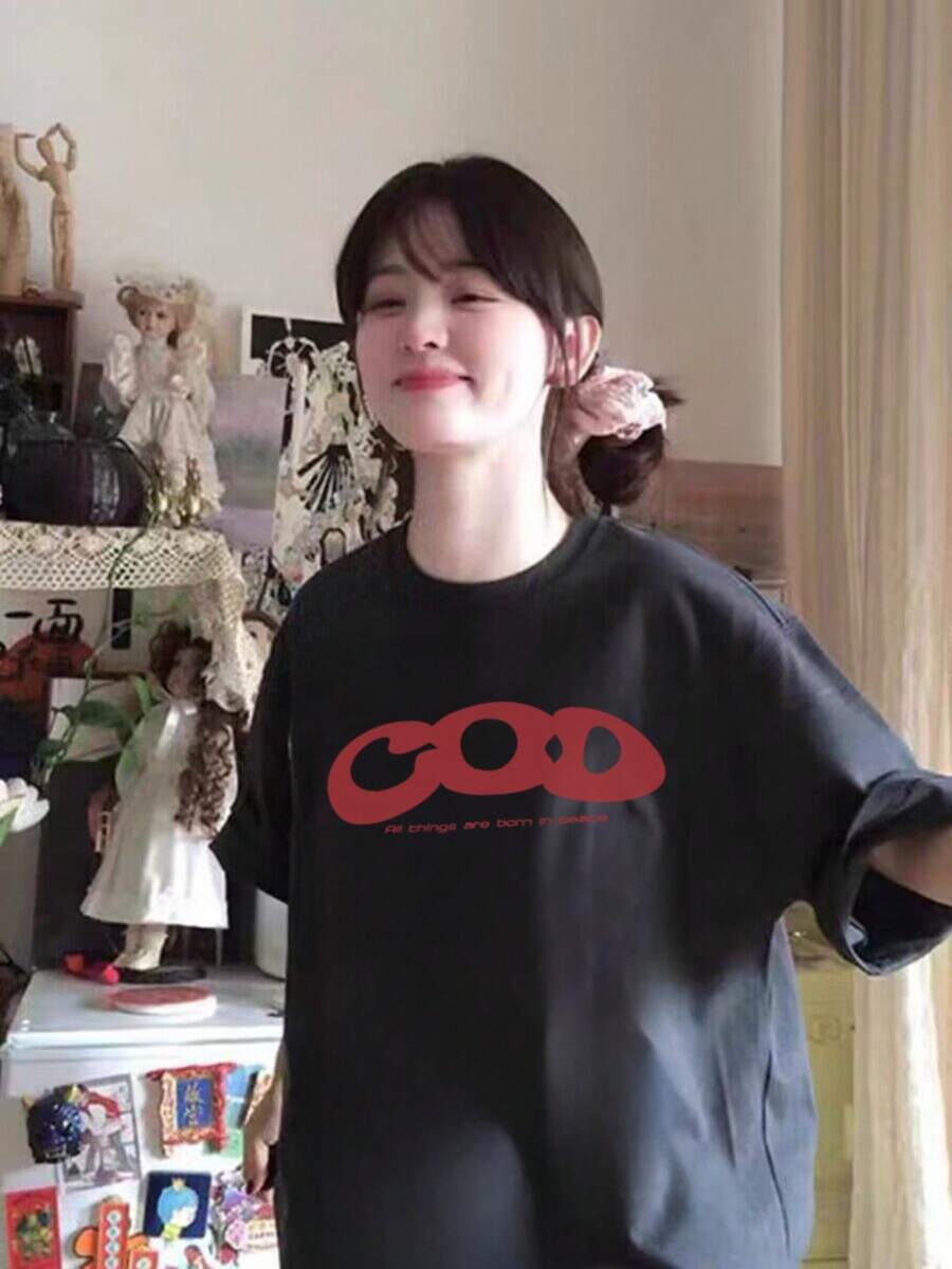 200g Pure Cotton T-Shirt 2025 Summer Ladies New Short Sleeve Pure Cotton Holiday Pattern Short Sleeve Round Neck Couple Wear Small Shirt Tops - 黑色 - 查看 1