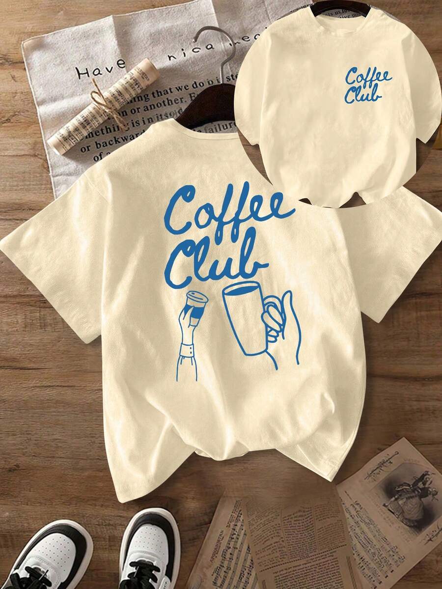 Damen "Coffee Club" Grafik-Muster T-Shirt - Lässiges Rundhals Kurzarm Top, weiße Basis mit blauem Buchstaben und Kaffeetassen Muster, maschinenwaschbar, Bekleidung | Grafik T-Shirt - Aprikosenfarben - Übersicht 1