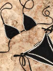 Women's Sexy Black Trim Crop Top Halter Bikini Set, Summer Beach