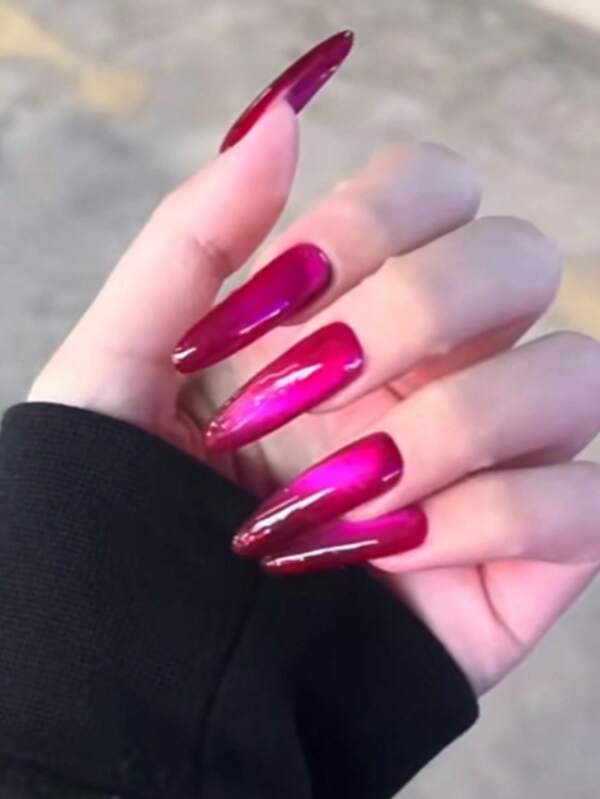 24pcs Red Cat Eye Nail Tips With Nail File, Simple & Fashion Fake Nails Set With Nail File & Jelly Gel For Daily Wear