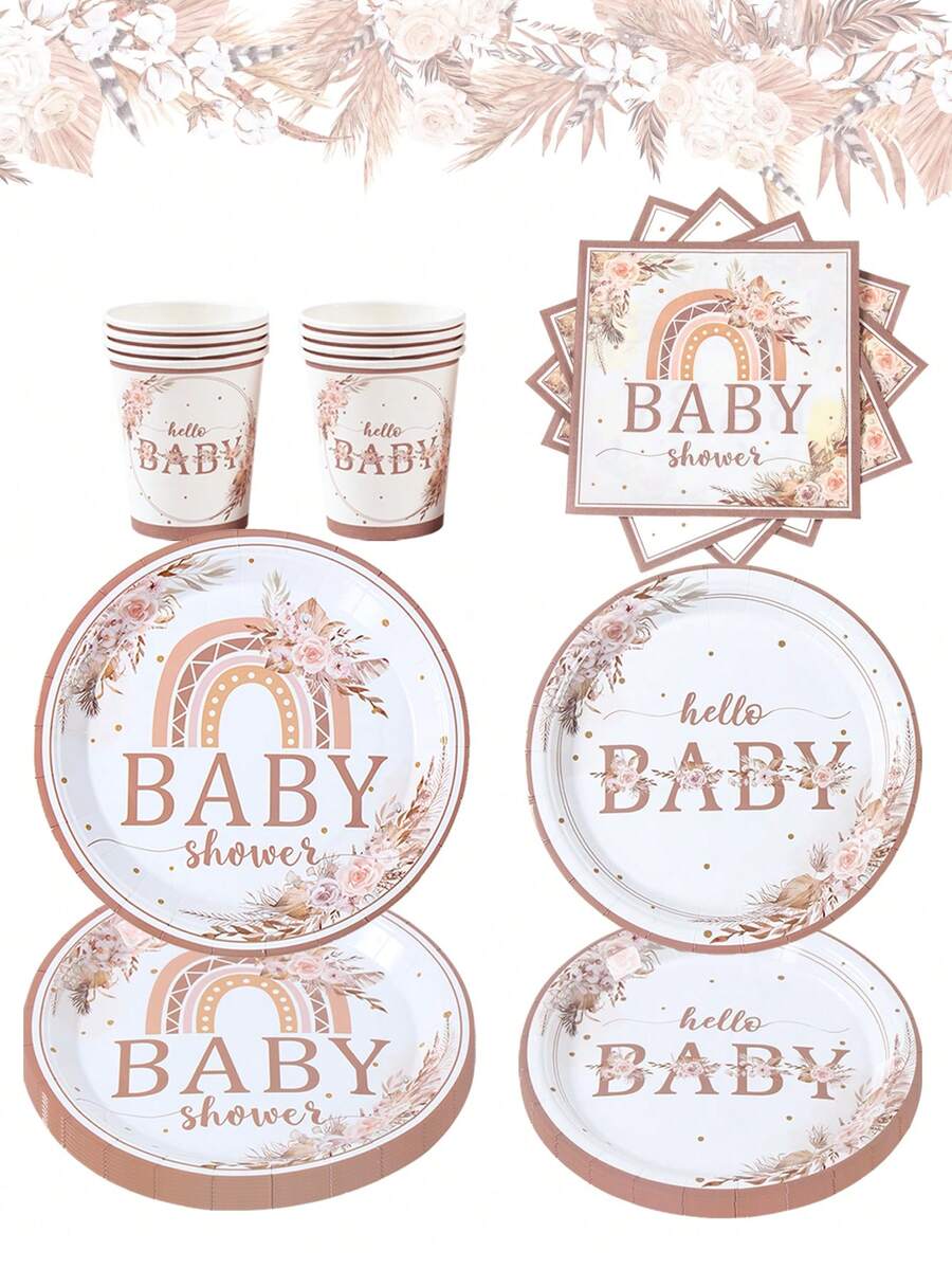 40 件/套“hello Baby Boho”波西米亚主题性别揭秘派对一次性餐具套装，波西米亚主题花朵图案婴儿送礼会一次性纸质餐具，适用于新生儿派对 1 岁生日派对、家庭活动、性别揭秘装饰用品