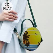 2 piezas de elementos de diseño con estampado floral, patrón de puesta de sol de palmera de coco, fondo de cesta tejida de ganchillo de madera, redondo, fondo de bolso de madera, apto para manualidades de tejido y ganchillo y decoración del hogar, fondos de cestas tejidas de madera sin terminar