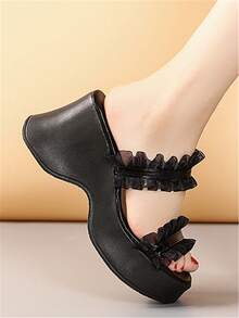 Women's Fashionable Fairy Style Round Toe Lace Ruffle Platform High Heel Slip-On Sandals - Black - View 3