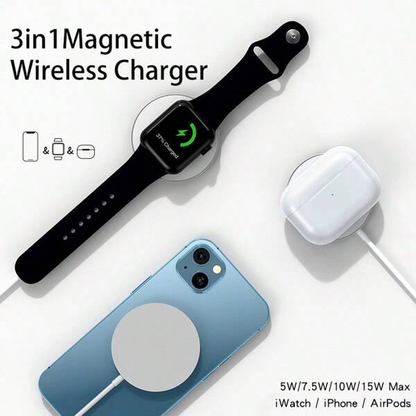 Cargador inalámbrico magnético 3 en 1 de 15W, carga rápida compatible con iPhone 16/15/14/13/12 y Series