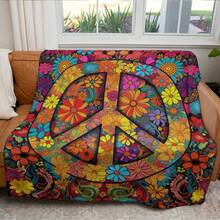 Soft, Usable For All Seasons, Hippie Blankets And Throws - Boho Hippie Quilt Blanket, Hippie Print Throw Blanket - Adults Hippie Blanket For Couch Sofa, Colorful, Artistic Design With Peace & Nature Motifs - 彩色 - 查看 3