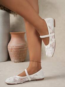 2025 Otoño Tallas grandes Mujer Mocasines planos casuales de fiesta transpirables con punta cuadrada, parche de encaje y rosa, versátiles, bailarinas, Mary Janes - Blanco - Ver 3