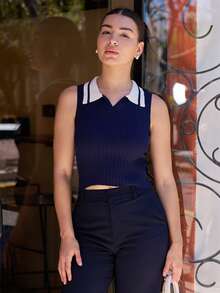 Andrea Bello Women's Business Casual Polo Collar Contrast Color Knit Sleeveless Vest Top