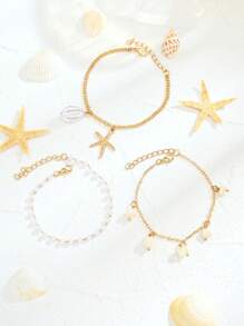 3pcs/5pcs Multi-Color Fashion Bohemian Faux Pearl, Natural Shell, Starfish, Seashell, Butterfly Pendant Beaded Necklace & Bracelet Set, Suitable For Valentine's Day, Best Friends, Family, Beach, Party, Gift, Daily Wear For Women