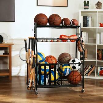 1 stuk opbergrek voor sportuitrusting met wielen, 3-laags voetbalstandaard, opbergrek voor ballen, garage voor ballen, balhouder, organizer voor basketbalhalterracket met mand, opbergrek voor speelgoed/sportuitrusting binnen en buiten voor vrouwen, opbergorganizer voor op reis, essentiële spullen voor terug naar school, slaapzaalopslag