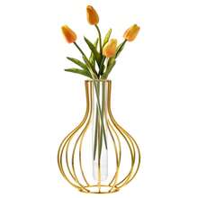 1pc Transparent Glass Vase - With Wrought Iron Frame, Suitable For Hydroponics Planter, Decorative Planter, Geometric Shape, Unique Test Tube Vase, Can Be Used As Dining Table/Desk/Fireplace Decor - Bohemian Home Decor - Wedding Party Decor - Farmhouse Style Planter - Luxury Housewarming Gift - Modern Floral Base, Back To School Room Decor, Stationery Glass Vase - Gold - View 8