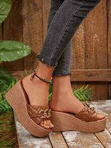 Women's Spring/Summer 2025 New Platform Thick Bottom Waterproof Wedge Woven Strap Design High Heel Beach Holiday Sandals Suitable For Dress, Fashion Clogs