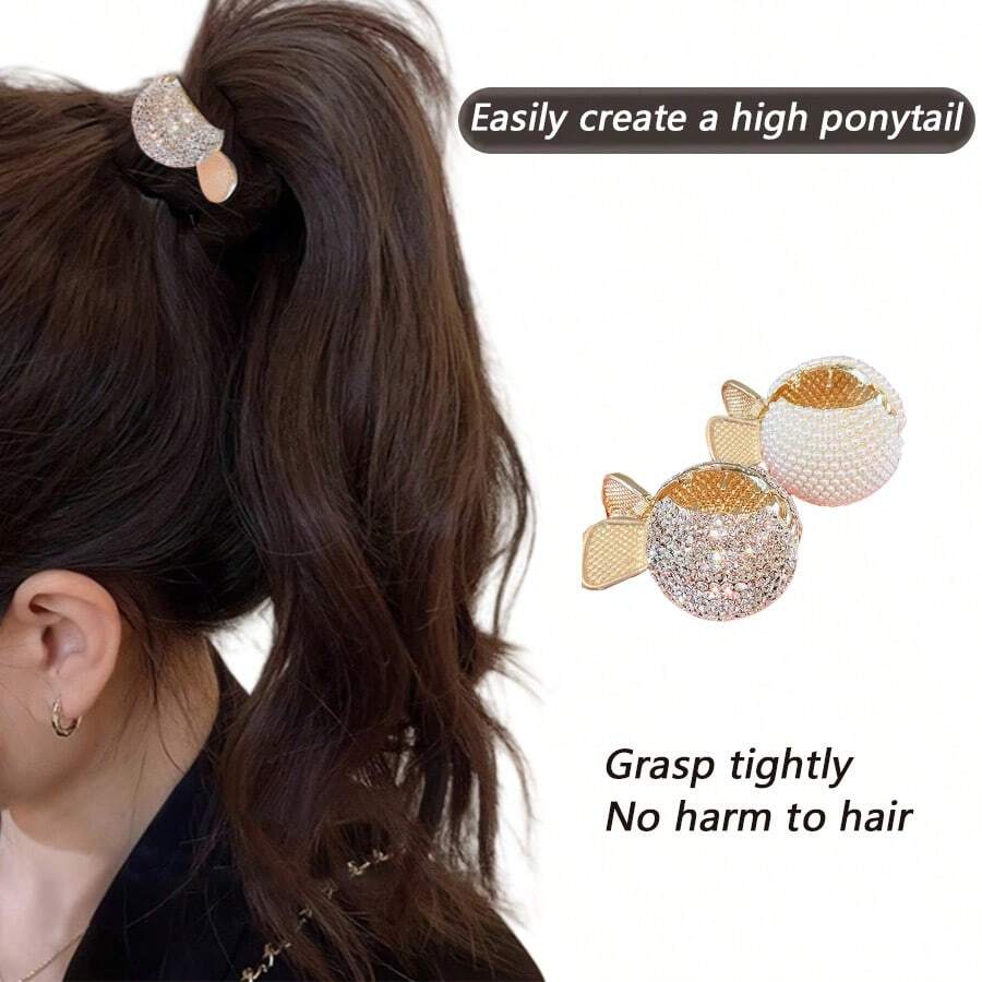 2pcs Metal Hollow Rhinestone Faux Pearl Hair Claw, Daily Use Ponytail Holder, Elegant Chic And Minimalist, Versatile Hair Accessory Hair Clips Hair Jaw Fall Winter Hair Accessories For Women For Vacation Outfits Woman - Gold - View 1