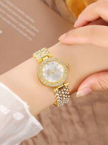 5pcs/Set Fashionable And Elegant Butterfly & Rhinestone Decorated Ladies' Watch And Heart-Shaped Big Rhinestone Jewelry Set, Suitable For Daily Wear Valentines