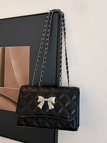 Mini Fashionable Bow Quilted Shoulder Bag With Flap, Elegant Simple Small Chain Shoulder Bag , Old Money - Black - View 3