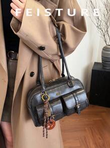 Borsa a spalla retrò da donna in pelle PU di colore tinta unita, con più tasche, grande capacità, con charm accessorio rimovibile