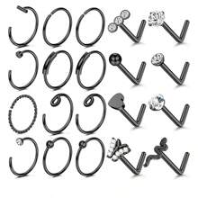 20pcs 20g Nose Hoops Rings - L And C Shape Studs - 316L Surgical Stainless Steel Nose Piercing Jewelry - Golden & Black For Women Men