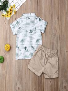 1-6 Years Toddler Baby Boy's Summer Outfit Sets Short Sleeve Coconut Tree Printed Button Down T-Shirt + Pocket Button Shorts Set - Khaki - View 2