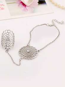 1pc Bohemian Style Hollow Rhinestone Flower Dreamcatcher Web Design Finger Ring Bracelet, Alloy Material Suitable For Men And Women, Daily Casual, Shopping, Party, Dancing, Fashion Accessory, Gift