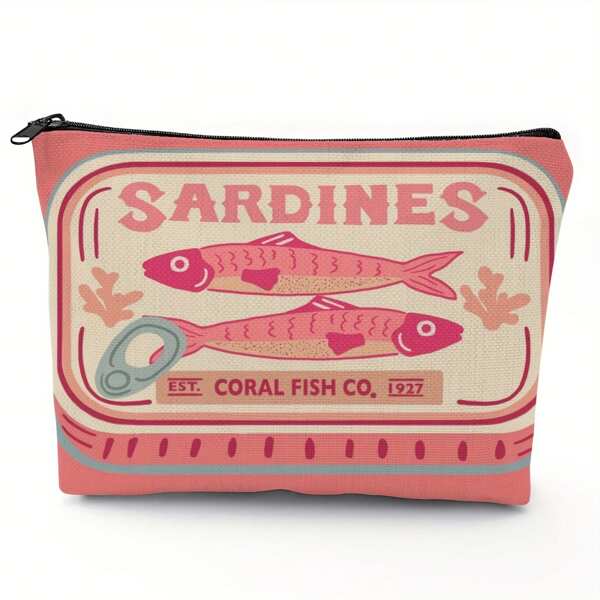 Vintage Sardine Pattern Unisex Cosmetic Bag, Foldable Spacious Zipper Pouch, Convenient Travel Essential, Multi-Functional Coin Purse, Pencil Case, Great Gift For Kids, Friends, Classmates, Teachers, Valentine's Day, Christmas, Thanksgiving, Mother's Day, Children's Day, Back To School, Graduation