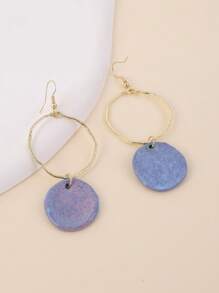 1 Pair Unique Chinese Style Ceramic Round Pendant With Extra Large Metal Circle High-Quality Hoop Earrings, Suitable For Vacation, Party And Daily Wear