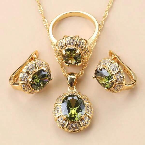 Middle East 18K Gold Plated Colorful Cubic Zirconia Fashion Party Luxury Quality Wedding Bridal Elegant Jewelry Sets For Women Necklace Pendant Earrings Ring 4-Piece Sets Gift