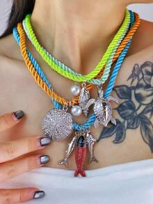 4pcs/Set, 3pcs, 2pcs, 1pc Bohemian Style Ocean Conch, Faux Pearl, Turtle, Fish, Shell, Sun, Crab, Small Fish, Plant Pendant Necklace, Leather Cord Necklace Pendant, Simple & Fashionable Beach Holiday Accessories - Multicolor - View 4