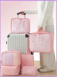 10/1pc Set Large Capacity Travel Storage Set, Lightweight Travel Makeup Bag, Foldable Luggage Storage Bag, Compression Storage Bag, Shower Bag, Multi-Functional Cosmetic Storage Bag, Travel Suitcase Storage Bag, Luggage Storage Bag, Includes Storage Bag, Foldable Makeup Bag,Bedroom Room Decor,Back To School - Pink - View 4