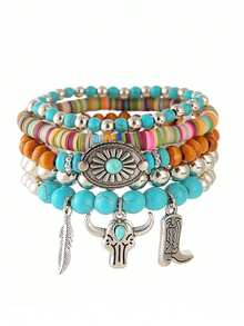 5pcs/11pcs Boho Western Turquoise Beaded Bracelet Set Cowboy Charm Stack With Feather & Boot Pendants For Women And Men Perfect Gift For Party Wear - Bull Head Imitation Turquoise Bracelet Set - View 9