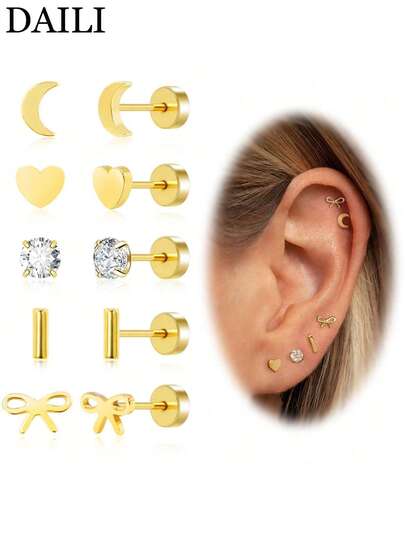 DAILI Juego de aretes de espolón con lazo pequeño chapados en oro de 18K con cierre de tornillo para mujer, aretes de espolón planos de acero quirúrgico hipoalergénico con CZ pequeños en forma de corazón y de lazo para cartílago, hélix y múltiples perforaciones
