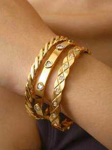 TONSI 1pc Elegant, Charming, Personalized Luxury, Simple, Fashionable, Minimalist, Vintage, High-End Stainless Steel Zirconia 18k Gold Plated Geometric Woven Bracelet, Suitable For Summer, Beach, Holiday, Travel, Work, Daily, Party, Occasion, Women Jewelry