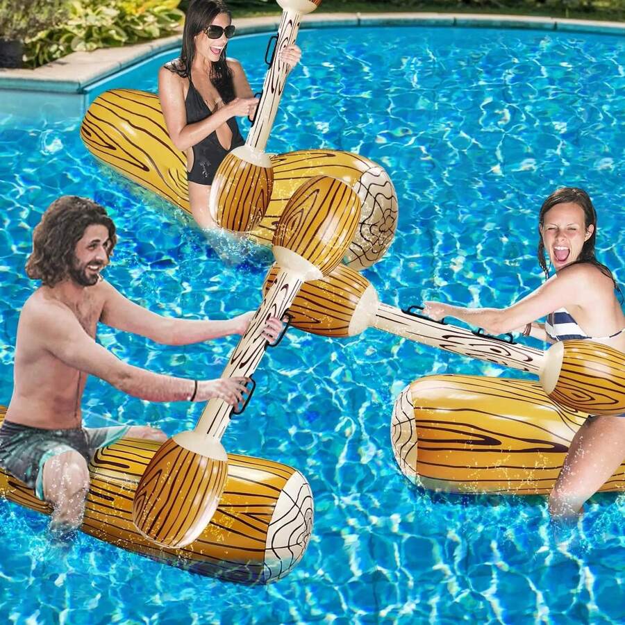 Foldable Swimming Pool Party Wooden Texture Swimming Ring, Adult Canoe Game Wooden Raft Floating, Thick Inflatable Swim Floats, Beach Essentials, Beach Accessories, Pool Inflatable, Pool Float - Multicolor - View 1