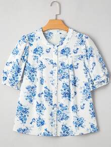 Acelitt Áo sơ mi casual tay bồng xếp lớp họa tiết hoa màu xanh da trời nhạt, cài cúc phía trước. - Màu xanh lam - Xem 4