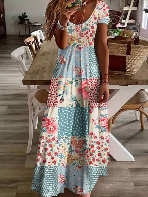 Women's Casual Floral & Polka Dot Print Maxi Dress - V-Neck, Light Blue With Pink And Red Blooms, Ruffle Hem, Machine Washable, Spring/Summer Style, Vacation Wear V-Neck Maxi Dress, Flowing Fabric