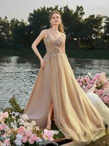 Faeriesty Elegante vestido de noche de silueta A-line de tul con elaborados apliques bordados - Ligero y fluido de alta costura para invitados de boda, cenas de gala y bailes